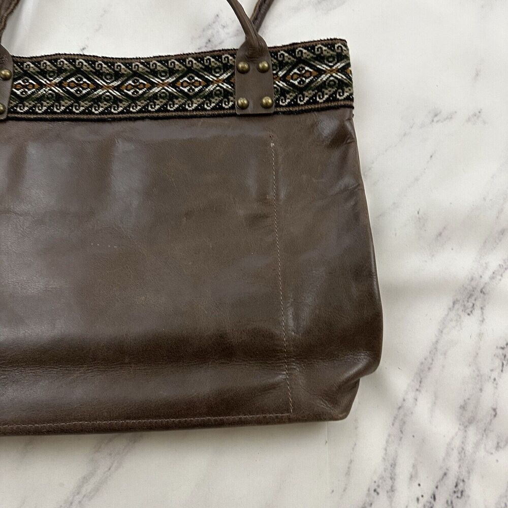 Unbranded Leather Tote Shoulder Bag Purse Dark Brown Woven Boho Trim Large - Picture 9 of 12